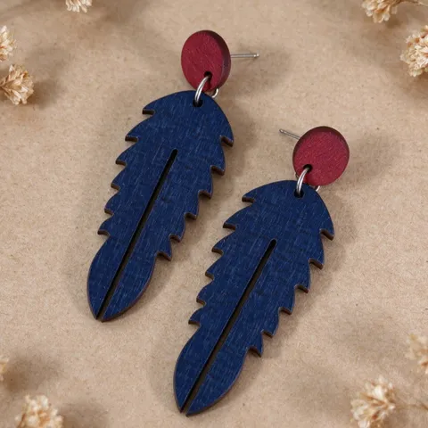 Pendientes de Gota de Pluma de Madera de Bohemia Color de Contraste Rojo Azul Hueco Estilo Étnico Madera para Mujeres
