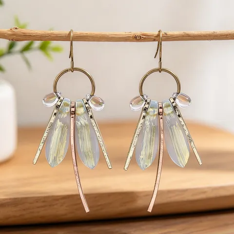Pendientes de Gota Retro con Forma de Ala de Libélula para Mujer Aleación Envejecida Resina Pendientes Colgantes Estilo Insecto Bohemio