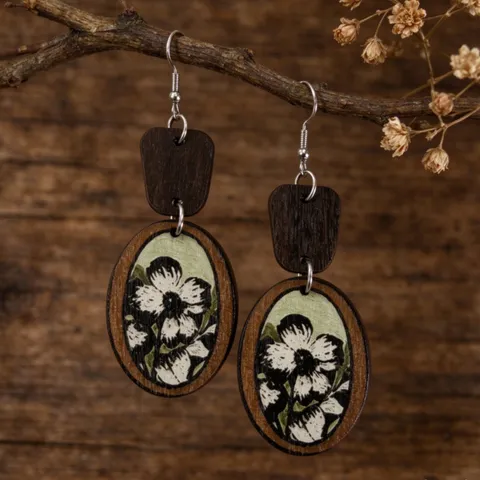 Pendientes de Madera Ovalados Vintage Con Estampado Floral Estilo Pastoral Flor Gancho de Aleación de Zinc Joyería para Mujeres