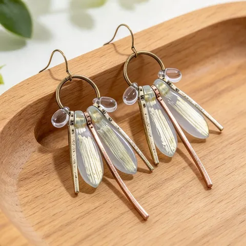 Pendientes de Gota Retro con Forma de Ala de Libélula para Mujer Aleación Envejecida Resina Pendientes Colgantes Estilo Insecto Bohemio