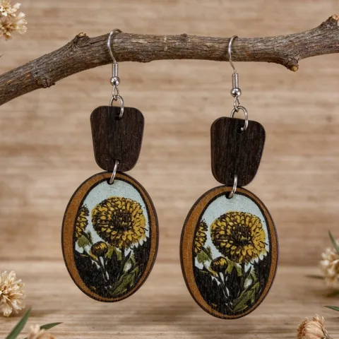 Pendientes de Madera Ovalados Vintage Con Estampado Floral Estilo Pastoral Flor Gancho de Aleación de Zinc Joyería para Mujeres