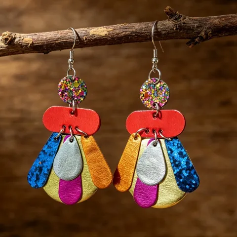 Pendientes Bohemios de Cuero Multicolor en Capas Gota de Agua Mujer Aleación de Zinc Strass Pendientes Colgantes Patchwork para Joyería de Fiesta