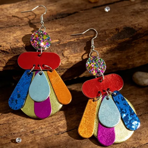 Pendientes Bohemios de Cuero Multicolor en Capas Gota de Agua Mujer Aleación de Zinc Strass Pendientes Colgantes Patchwork para Joyería de Fiesta
