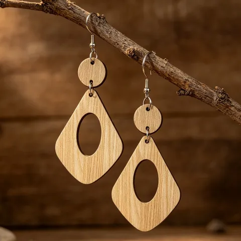 Boucles d'Oreilles Pendantes Losange Évidé en Bois Style Bohème Géométrique Double Couche Bijoux Vintage Minimalistes Femme