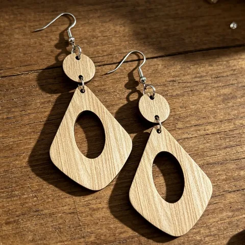 Boucles d'Oreilles Pendantes Losange Évidé en Bois Style Bohème Géométrique Double Couche Bijoux Vintage Minimalistes Femme