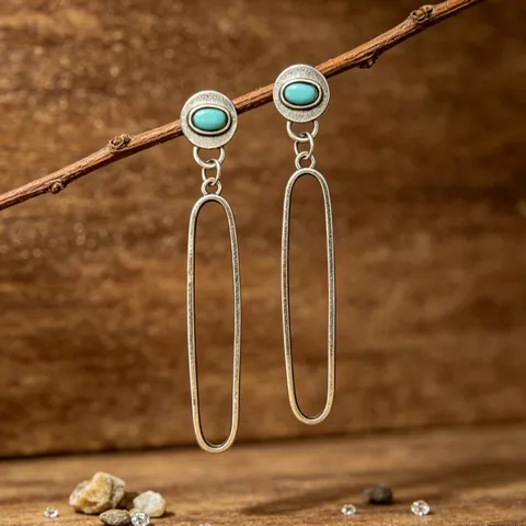 Pendientes de Gota de Aleación de Estilo Western Vintage Con Turquesa Artificial Oval Hueco Plata Antigua para Mujer