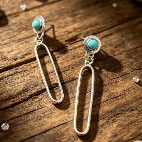 Pendientes de Gota de Aleación de Estilo Western Vintage Con Turquesa Artificial Oval Hueco Plata Antigua para Mujer