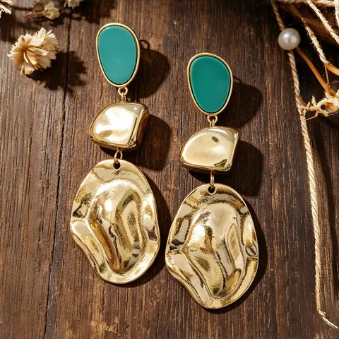 Pendientes Largos Vintage de Tres Capas Empalmados Irregulares para Mujer Lujo Europeo Aleación de Oro Martillado Diseño Geométrico Joyería