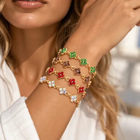 Fashion Sweet Four Leaf Clover Alloy Rhinestone Bracelet For Women Elegant Flower Gold Plated Adjustable Chain Jewelry