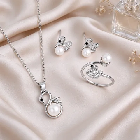 Elegant Swan Necklace Earrings Ring For Women Alloy Artificial Pearl Rhinestone Pendant Animal Jewelry For Daily Wear Gift