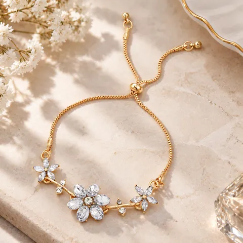 Sweet Minimalist Gold Alloy Rhinestone Petal Flower Vine Adjustable Slider Bracelet For Women Elegant Fashion Jewelry Gift
