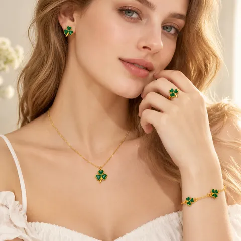 Fashion Alloy Clover Jewelry Set For Women Korean Lucky Four Leaf Clover Necklace Bracelet Ring Earrings Set Elegant Women Accessory Gift