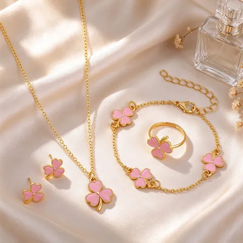Fashion Alloy Clover Jewelry Set For Women Korean Lucky Four Leaf Clover Necklace Bracelet Ring Earrings Set Elegant Women Accessory Gift