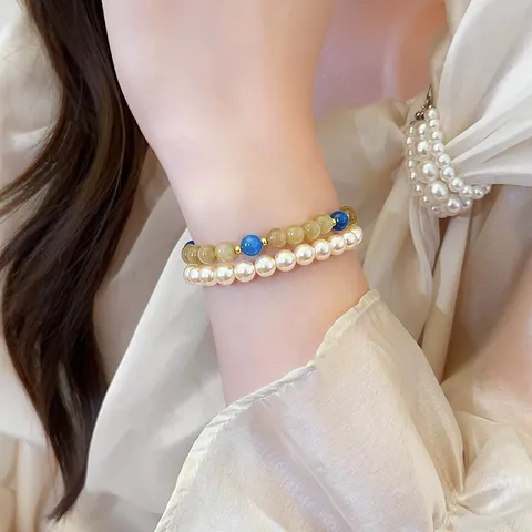 Bracciale a Doppio Filo con Occhio di Gatto e Perle Artificiali Donna Colore a Contrasto Braccialetto Impilabile Stile Francese