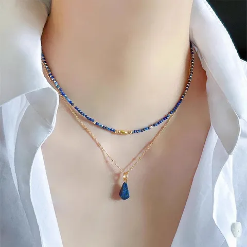 Collana di Perline in Lapislazzuli Naturale Ciondolo in Acciaio al Titanio da Donna Pietra Sfaccettata Girocollo a Strati Gioiello da Collo di Lusso