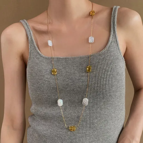 Collana Lunga con Perla d'Acqua Dolce Barocca Catena in Acciaio Inossidabile Oro Catena a Strati con Perline Quadrate Irregolari Gioielli da Donna