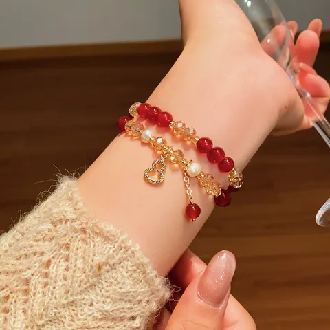 Bracciale Freshwater Pearl Agata Rossa a Strati Con Perline Per Donna Lusso Leggero Pietra Occhio di Tigre Cristallo Artificiale Ciondolo Zucca Gioielli