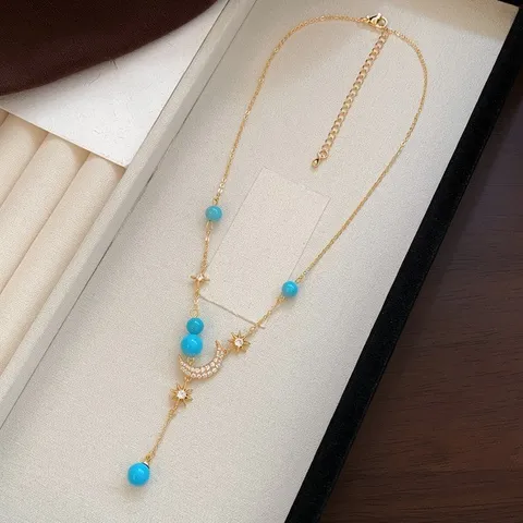 Collana con Ciondolo a Forma di Stella e Luna in Ottone Placcato Oro 18K Zirconia di Lusso Turchese Occhio di Tigre Perline per Donna