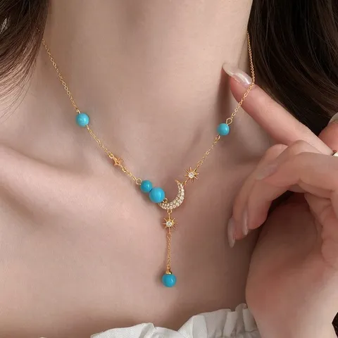 Collana con Ciondolo a Forma di Stella e Luna in Ottone Placcato Oro 18K Zirconia di Lusso Turchese Occhio di Tigre Perline per Donna