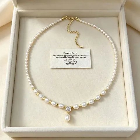 Collana con Pendente in Perla d'Acqua Dolce Da Donna Perla di Riso Sfumata Zirconia Quadrata Catena in Rame Placcato Oro Gioielli