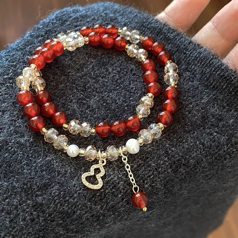 Bracciale Freshwater Pearl Agata Rossa a Strati Con Perline Per Donna Lusso Leggero Pietra Occhio di Tigre Cristallo Artificiale Ciondolo Zucca Gioielli
