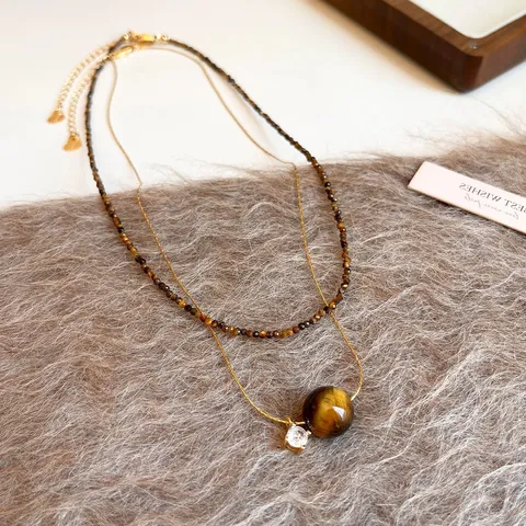 Collana a Doppio Strato con Occhio di Tigre Catena in Oro in Acciaio al Titanio Strass Perline Sfaccettate Gioielli per Donna