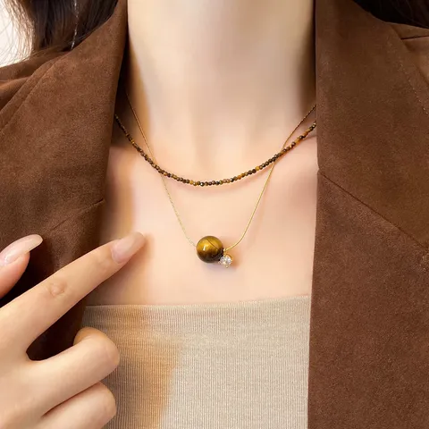 Collana a Doppio Strato con Occhio di Tigre Catena in Oro in Acciaio al Titanio Strass Perline Sfaccettate Gioielli per Donna
