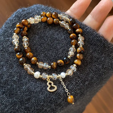 Braccialetto a Doppio Strato in Perline di Perle d'Acqua Dolce Occhio di Tigre Agata Rossa con Ciondolo a Zucca e Strass per Donna Gioiello Elegante