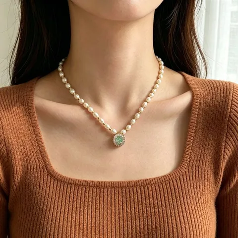 Collana con Pendente in Perla d'Acqua Dolce a Riso per Donna Rame Zirconia Blu Micro Pave Catena Clavicola Gioielli Minimalisti