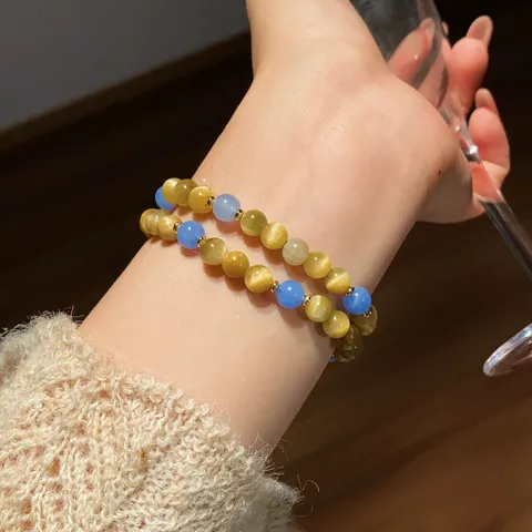 Bracciale con Perline in Occhio di Tigre Potenziato a Doppio Strato per Donna Stile Maillard Retrò Squisito Gioielli con Distanziatori in Metallo
