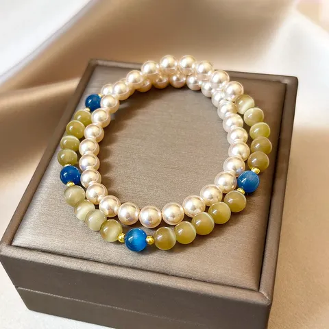 Bracciale a Doppio Filo con Occhio di Gatto e Perle Artificiali Donna Colore a Contrasto Braccialetto Impilabile Stile Francese