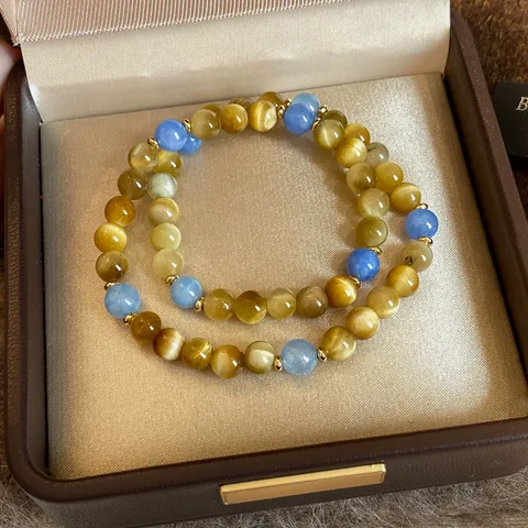 Bracciale con Perline in Occhio di Tigre Potenziato a Doppio Strato per Donna Stile Maillard Retrò Squisito Gioielli con Distanziatori in Metallo