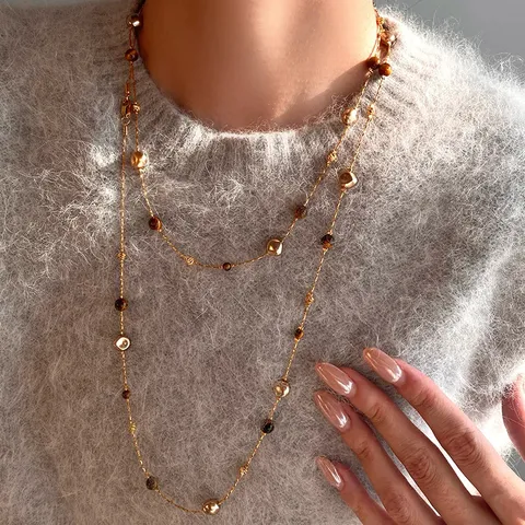 Collana Lunga di Perline in Pietra Occhio di Tigre e Perle Artificiali Stile retrò Maillard Catena da Maglione Multistrato Irregolare per Donna Gioielli Eleganti