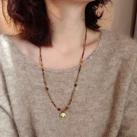 Collana con Pendente a Elefante in Acciaio al Titanio Perline Caffè Pietra Occhio di Tigre Catena Lunga per Maglione Donna Gioielli