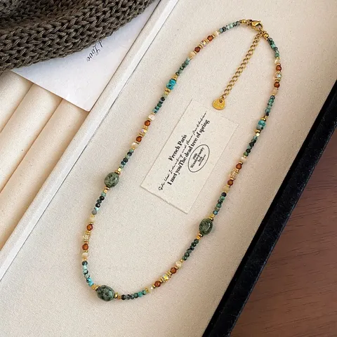 Collana in Pietra Naturale Agata Conchiglia Acciaio Inossidabile a Strati Vintage Multicolore Catena per Maglione