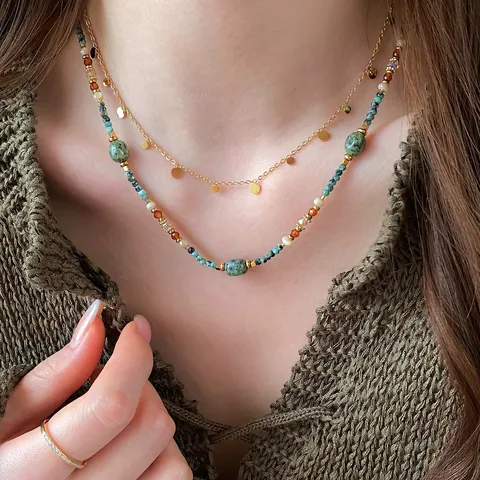 Collana in Pietra Naturale Agata Conchiglia Acciaio Inossidabile a Strati Vintage Multicolore Catena per Maglione