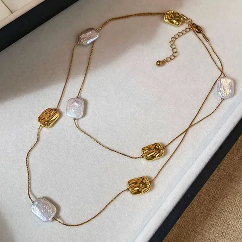 Collana Lunga con Perla d'Acqua Dolce Barocca Catena in Acciaio Inossidabile Oro Catena a Strati con Perline Quadrate Irregolari Gioielli da Donna