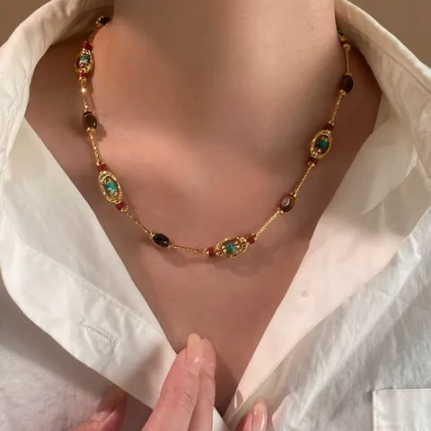 Collana Vintage in Occhio di Tigre per Donna Pendente Ovale in Acciaio Inossidabile Gioielli Geometrici