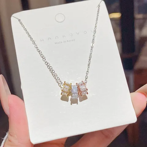 Titanium Steel Colorful Zirconia Square Pendant Necklace For Women Light Luxury Tricolor Geometric Small Waist Clavicle Chain Jewelry