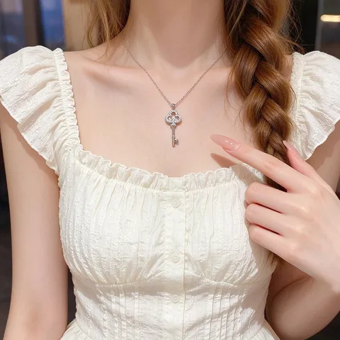 Women Titanium Steel Zirconia Key Water Drop Pendant Necklace Luxury High-End Clavicle Chain Retro Versatile Zircon Inlaid Jewelry Gift