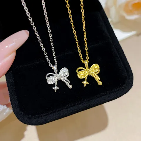 Titanium Steel Bowknot Pendant Necklace For Women Elegant Copper Star Rhinestone Clavicle Chain Sweet Style Fashion Jewelry