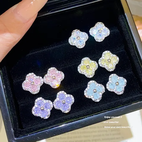 Luxury Colorful Zirconia Four-Leaf Clover Flower Stud Earrings Delicate Copper Floral Earrings With 925 Silver Post Women Jewelry