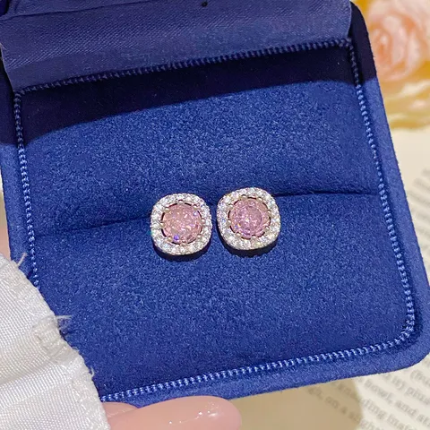 Boucles d'Oreilles Clous Carrées en Forme de Sucre avec Zirconia Rose pour Femmes Tige en Argent Sterling 925 Bijoux en Cuivre Luxe