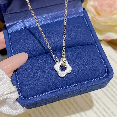 Titanium Steel Four Leaf Flower Necklace For Women Silver Shell Inlaid Double Ring Love Engraved Fashion Jewelry Gift