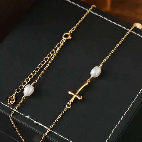 Minimalistische Kupfer 18K Vergoldete Kreuz Anhänger Halskette Mit Süßwasserperle Französische Retro Schlüsselbeinkette Damen