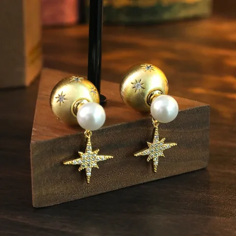 Französische Vintage Stern Künstliche Perlenohrringe Gebürstete Goldkugel Ohrstecker Für Damen Abnehmbarer Luxuriöser Zirkonia Schmuck