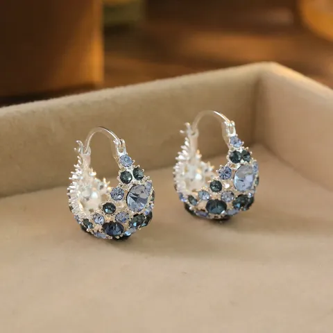 Französisch Retro Blauverlauf Strass Ohrclips Luxus Kupfer Schwere Arbeit Eingelegt Creolen Für Damen Abend Bankett Party Kleider Zubehör