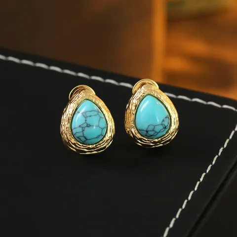Französische Vintage Wassertropfen Ohrringe Für Damen 925 Sterlingsilber Stift 18K Vergoldet Künstlicher Türkis Schmuck