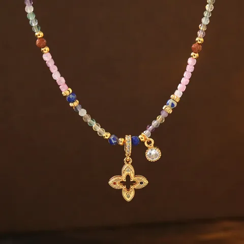 Neuer Chinesischer Stil Retro Vergoldet Persimone Kelch Anhänger Halskette Natur Bunter Stein Perlen Choker Damen Schmuck
