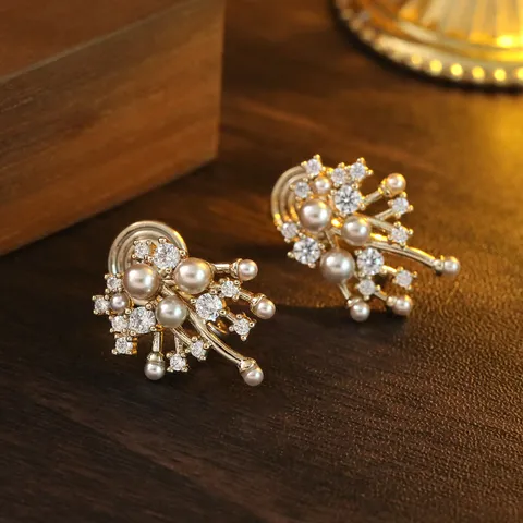 Vintage Feuerwerk Form Champagner Perle Clip Auf Ohrringe Damen Zirkonia Eingelegt Vergoldet Kupfer Ohne Piercing Schmuck Geschenk